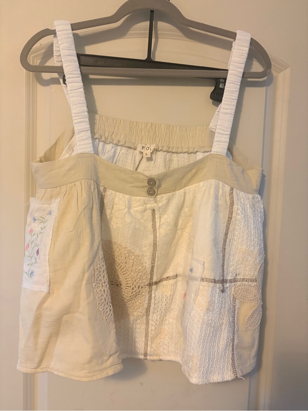 POL Cream and White Patchwork Cropped Sundress Top